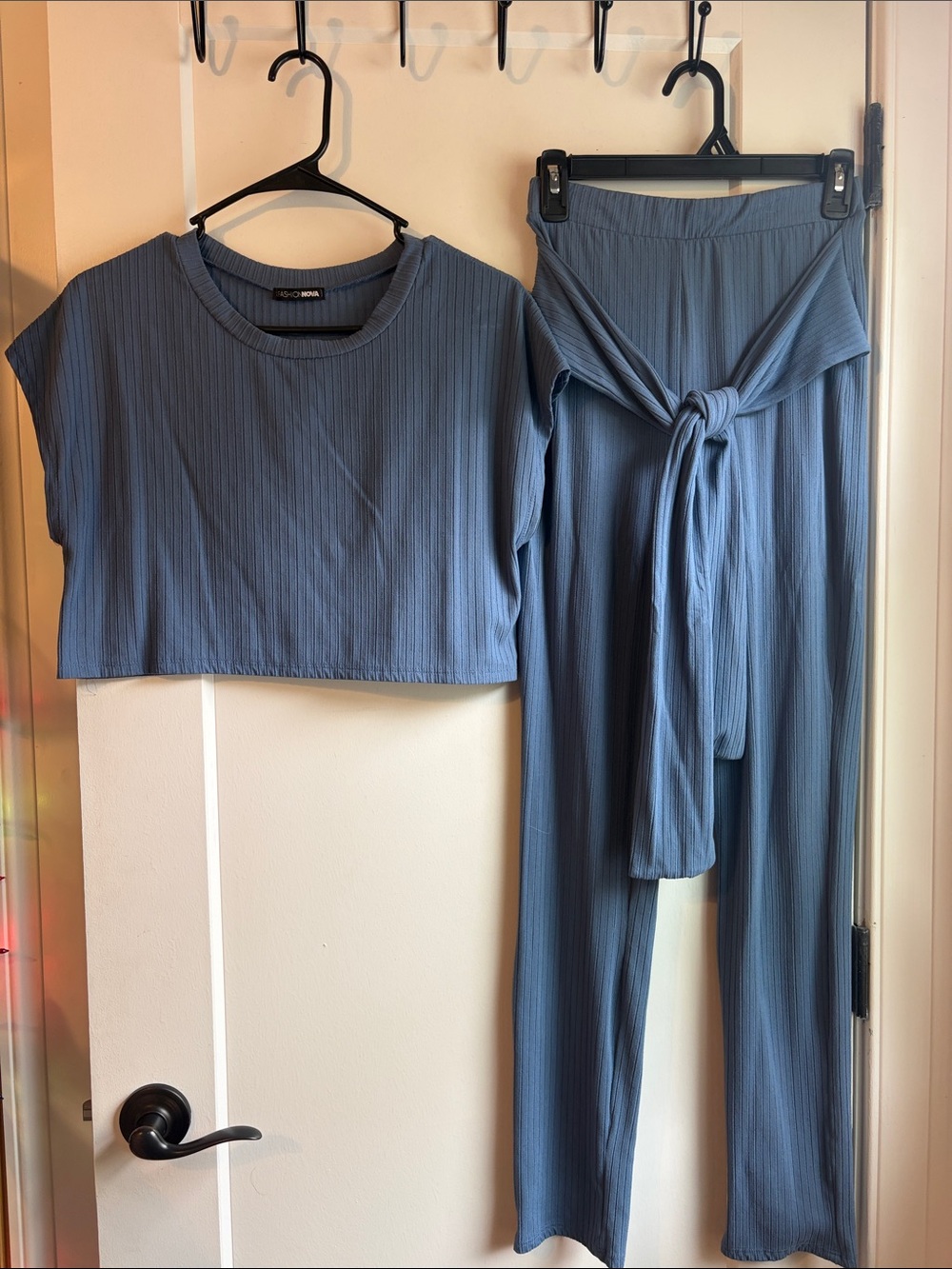 Fashion Nova Slate Blue Ribbed Wide-Leg Pants & Cropped Top Set
